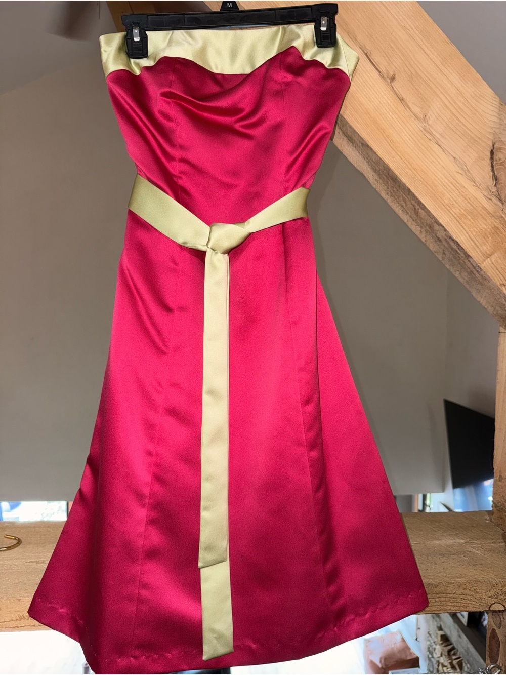 Aria Strapless Satin Dress in Fuchsia and Pale Green